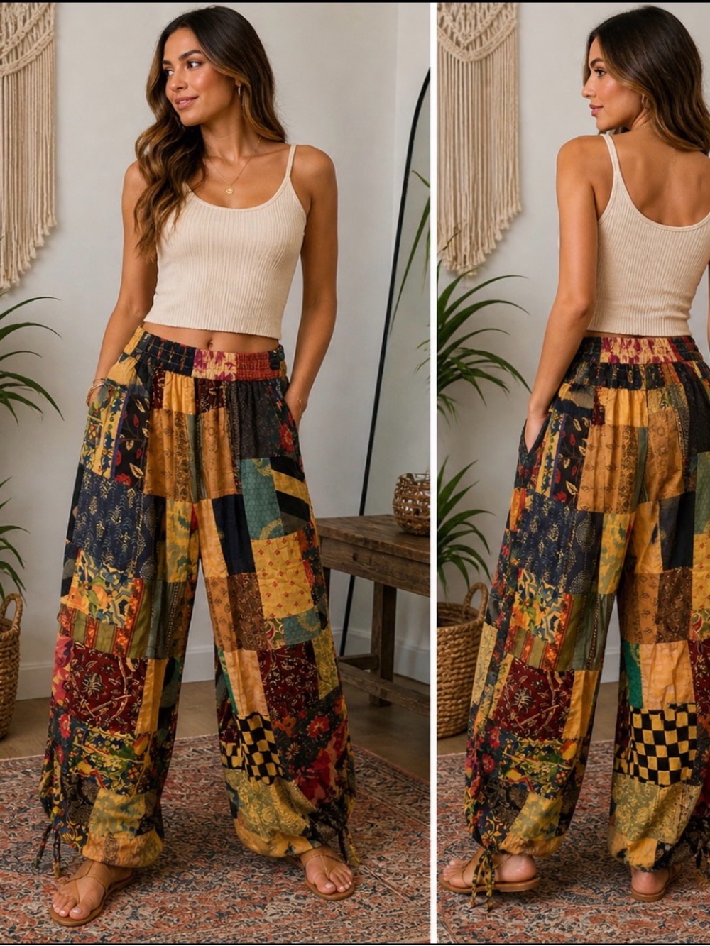 POL Boho Patchwork Wide-Leg Pants — adjustable Homey Multicolor Size S -NWOT